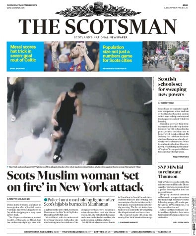 The Scotsman Newspaper Front Page (UK) for 14 September 2016