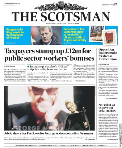 The Scotsman Newspaper Front Page (UK) for 15 February 2017