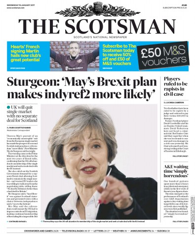 The Scotsman Newspaper Front Page (UK) for 18 January 2017