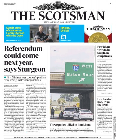 The Scotsman Newspaper Front Page (UK) for 18 July 2016