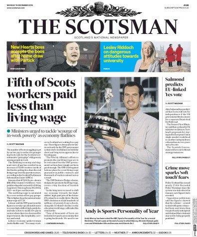 The Scotsman Newspaper Front Page (UK) for 19 December 2016