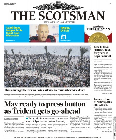 The Scotsman Newspaper Front Page (UK) for 19 July 2016
