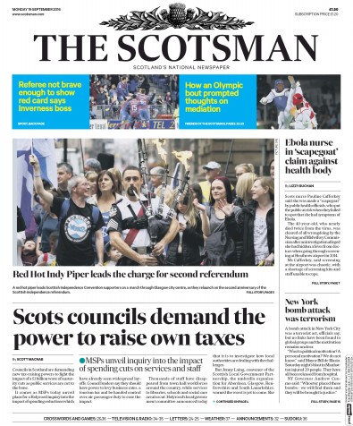 The Scotsman Newspaper Front Page (UK) for 19 September 2016
