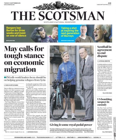 The Scotsman Newspaper Front Page (UK) for 20 September 2016