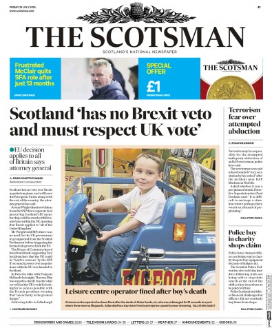 The Scotsman Newspaper Front Page (UK) for 22 July 2016