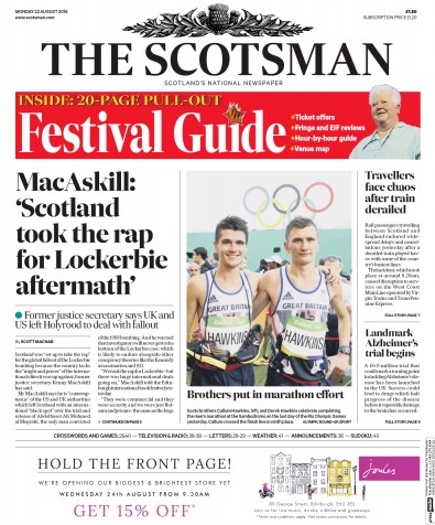 The Scotsman Newspaper Front Page (UK) for 22 August 2016