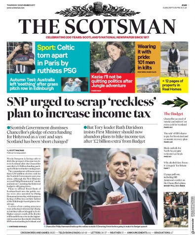 The Scotsman Newspaper Front Page (UK) for 23 November 2017