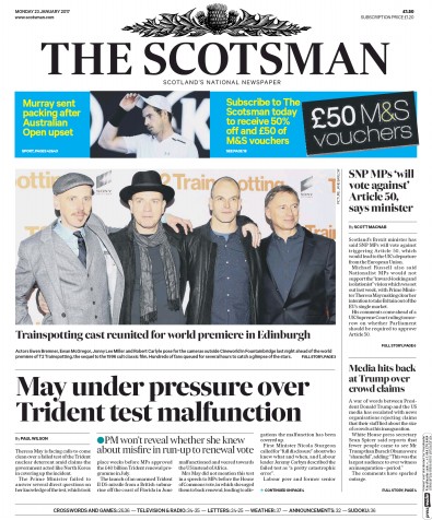 The Scotsman Newspaper Front Page (UK) for 23 January 2017