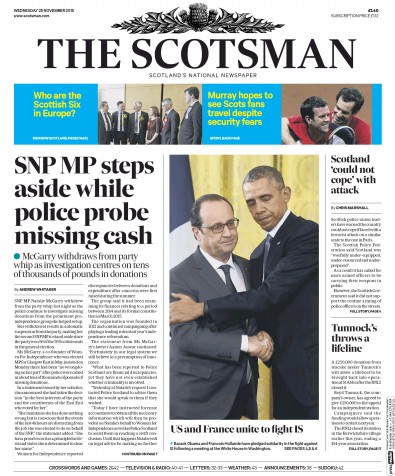 The Scotsman Newspaper Front Page (UK) for 25 November 2015