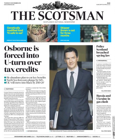 The Scotsman Newspaper Front Page (UK) for 26 November 2015