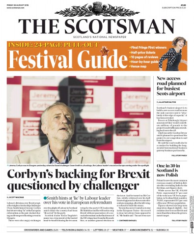The Scotsman Newspaper Front Page (UK) for 26 August 2016