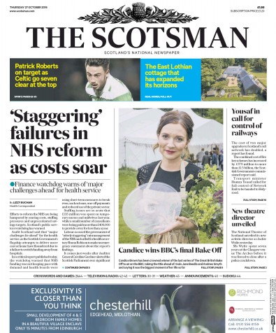 The Scotsman Newspaper Front Page (UK) for 27 October 2016