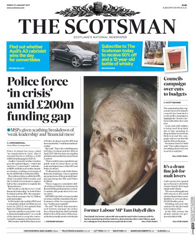 The Scotsman Newspaper Front Page (UK) for 27 January 2017