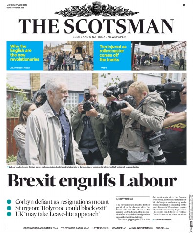 The Scotsman Newspaper Front Page (UK) for 27 June 2016