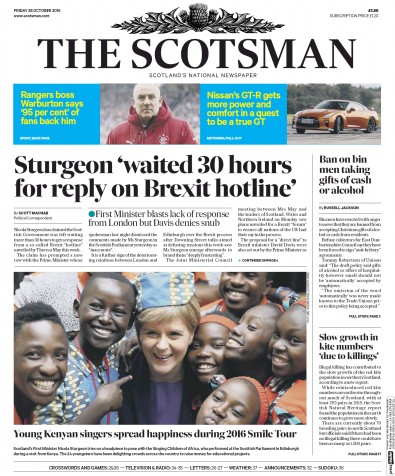 The Scotsman Newspaper Front Page (UK) for 28 October 2016