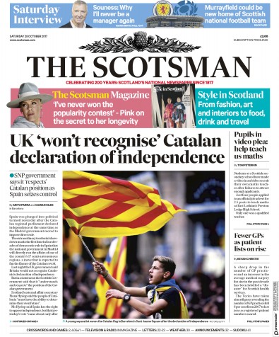 The Scotsman Newspaper Front Page (UK) for 28 October 2017