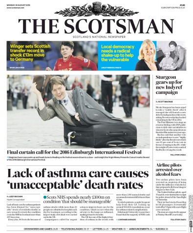 The Scotsman Newspaper Front Page (UK) for 29 August 2016