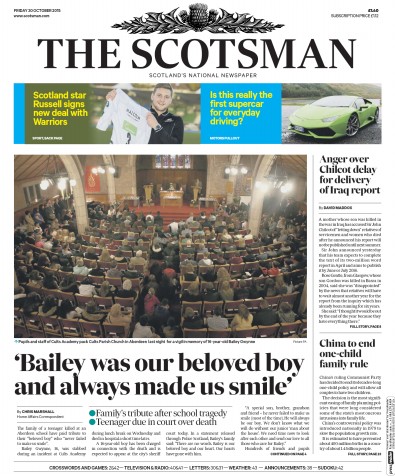 The Scotsman Newspaper Front Page (UK) for 30 October 2015