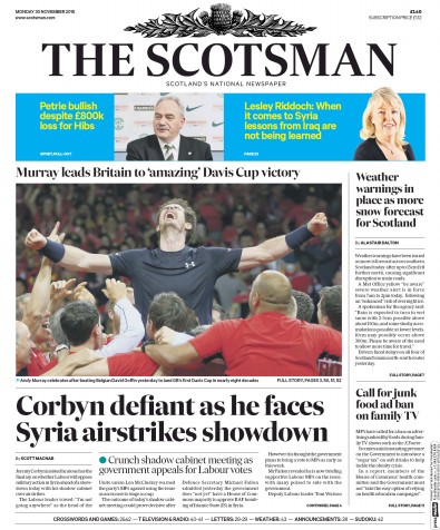 The Scotsman Newspaper Front Page (UK) for 30 November 2015
