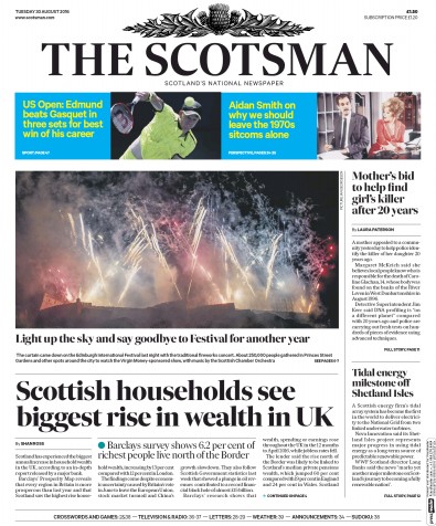 The Scotsman Newspaper Front Page (UK) for 30 August 2016