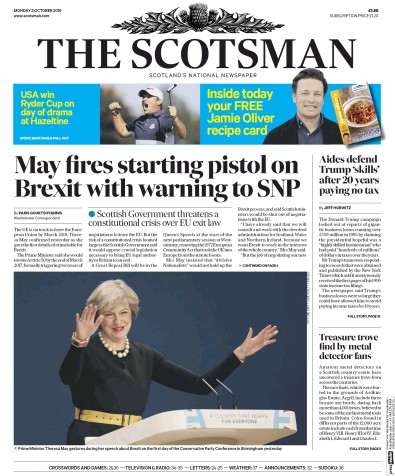 The Scotsman Newspaper Front Page (UK) for 3 October 2016