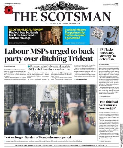 The Scotsman Newspaper Front Page (UK) for 3 November 2015