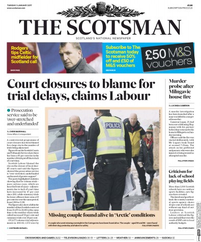 The Scotsman Newspaper Front Page (UK) for 3 January 2017