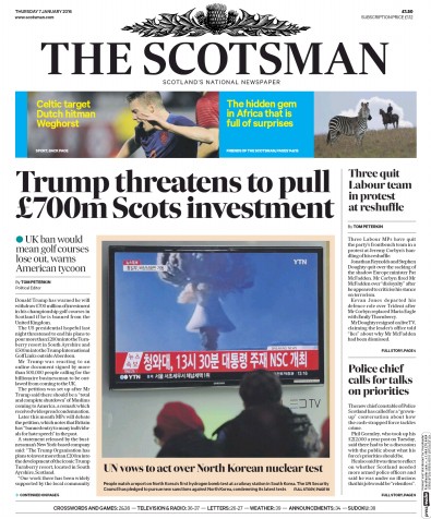 The Scotsman Newspaper Front Page (UK) for 7 January 2016