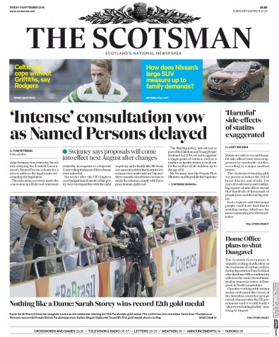 The Scotsman Newspaper Front Page (UK) for 9 September 2016