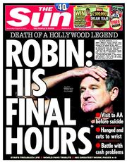 The Sun (UK) Newspaper Front Page for 13 August 2014
