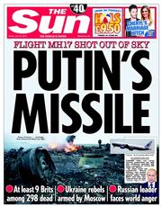 The Sun (UK) Newspaper Front Page for 18 July 2014