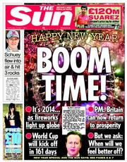 The Sun (UK) Newspaper Front Page for 1 January 2014