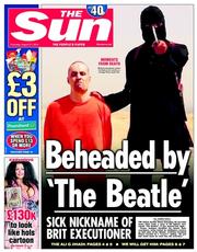 The Sun (UK) Newspaper Front Page for 21 August 2014