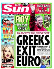 The Sun (UK) Newspaper Front Page for 23 June 2012