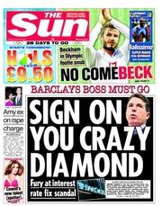 The Sun (UK) Newspaper Front Page for 29 June 2012