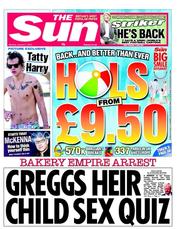 The Sun (UK) Newspaper Front Page for 7 January 2013