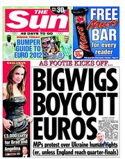 The Sun (UK) Newspaper Front Page for 8 June 2012
