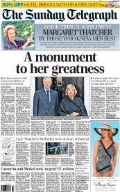 The Sunday Telegraph Newspaper Front Page (UK) for 14 April 2013
