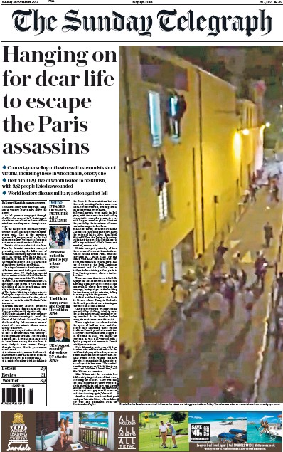 The Sunday Telegraph Newspaper Front Page (UK) for 15 November 2015
