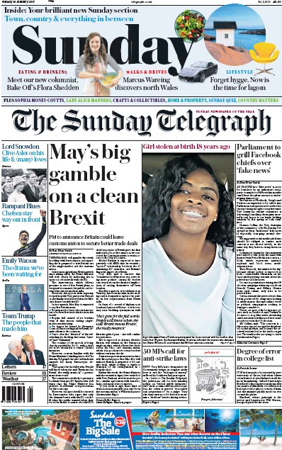 The Sunday Telegraph Newspaper Front Page (UK) for 15 January 2017