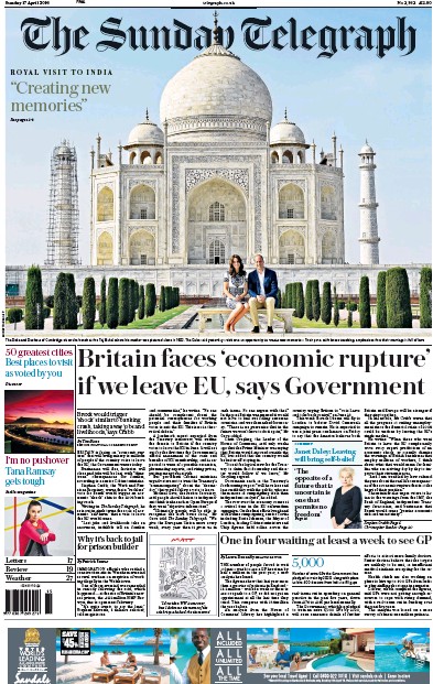 The Sunday Telegraph Newspaper Front Page (UK) for 17 April 2016