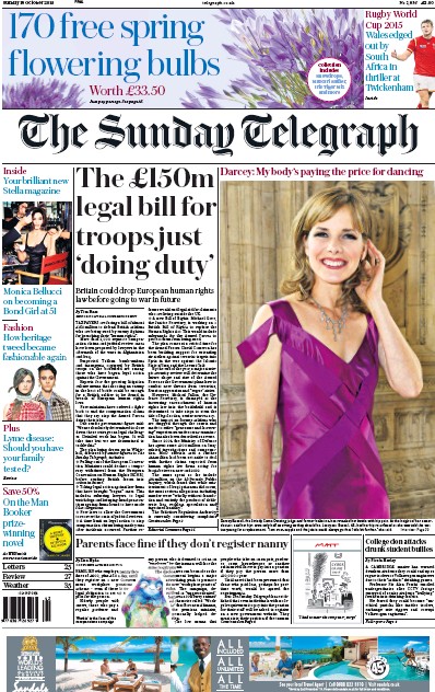 The Sunday Telegraph Newspaper Front Page (UK) for 18 October 2015