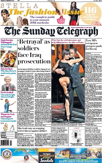 The Sunday Telegraph Newspaper Front Page (UK) for 18 September 2016