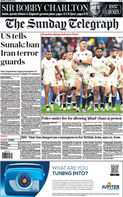 The Sunday Telegraph Newspaper Front Page (UK) for 22 October 2023