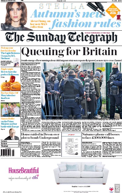 The Sunday Telegraph Newspaper Front Page (UK) for 23 October 2016