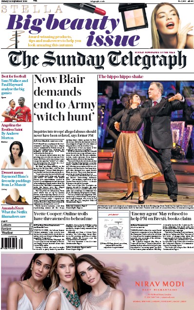 The Sunday Telegraph Newspaper Front Page (UK) for 25 September 2016