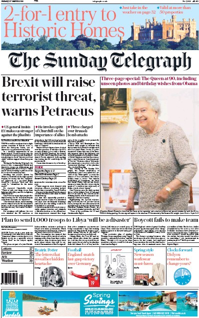 The Sunday Telegraph Newspaper Front Page (UK) for 27 March 2016