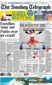 The Sunday Telegraph Newspaper Front Page (UK) for 27 July 2014