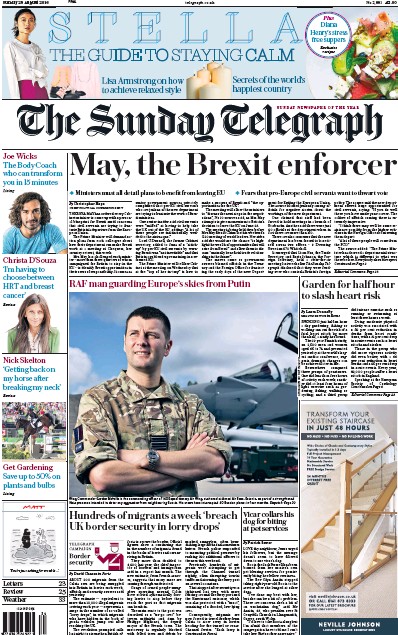 The Sunday Telegraph Newspaper Front Page (UK) for 28 August 2016