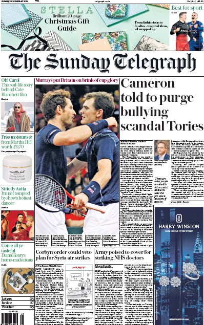 The Sunday Telegraph Newspaper Front Page (UK) for 29 November 2015
